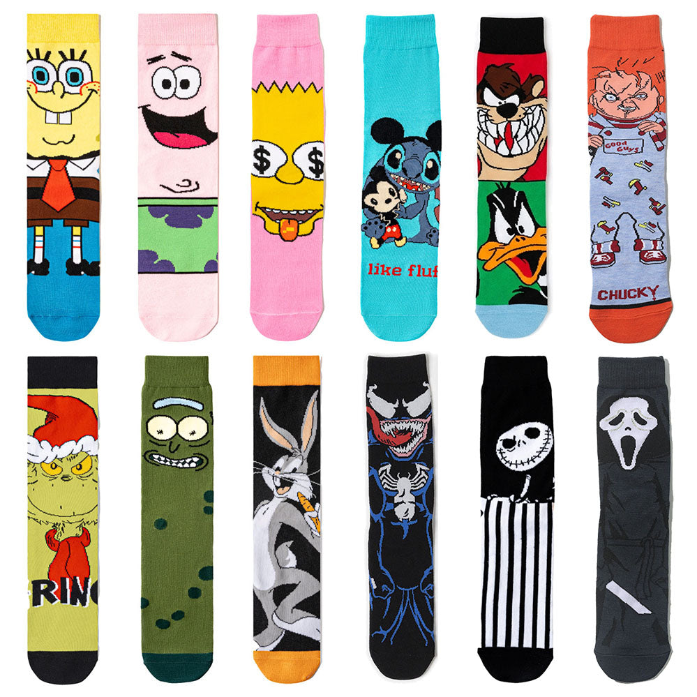 12Packs Cartoon Anime Socks for Men and Women US6-12